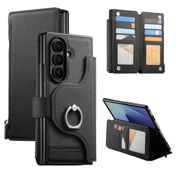 for Samsung Galaxy Z Fold 7 PU Leather Protective Rugged Case, with Built-in Grip Ring & Stylus Slot, with Detachable Magnetic Credit Card Slots Zipper Wallet Kickstand Phone Cover, Black