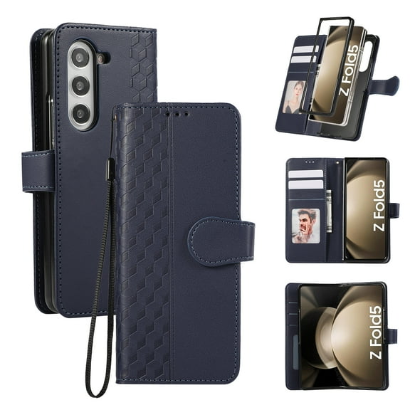 for Samsung Galaxy Z Fold 7 PU Leather Wallet Case, Elegant Magnetic Buckle Kickstand Wrist Strap Card Slots Drop Protection Shockproof Protective Cover for Samsung Galaxy Z Fold 7, Blue