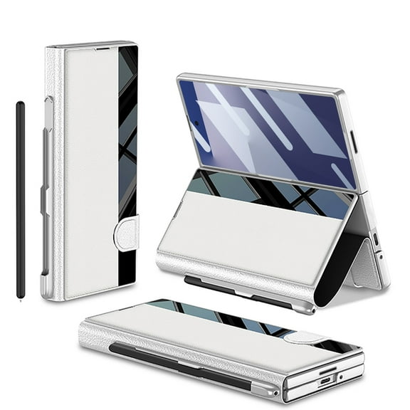 for Samsung Galaxy Z Fold 7 with Pen Holder Case, Plating Glass Screen Protector Hybrid PU Leather All-Inclusive Full Body Protection Anti-Scratch Cover for Samsung Galaxy Z Fold 7, Silver