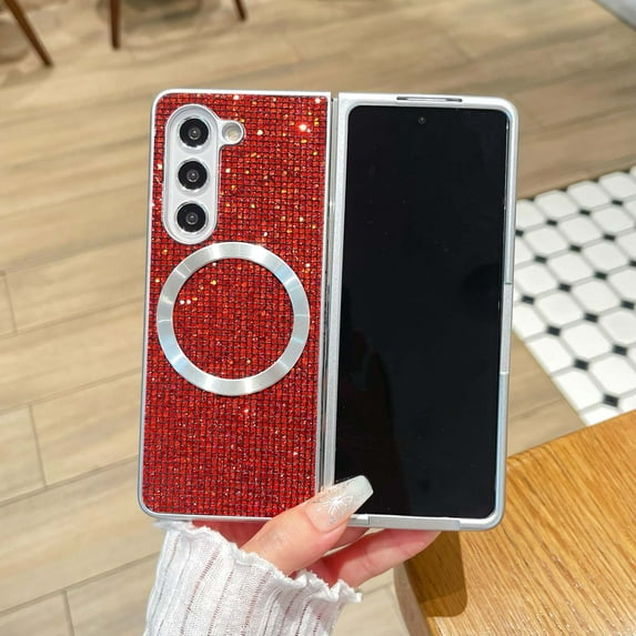 For Samsung Galaxy Z Fold 7 Phone Case,Compatible with Mag-safe,Luxury Glitter Back Design,Silver Bumper,Shockproof Ultra Slim Lightweight Anti-Scratch Rugged Phone Case,Red