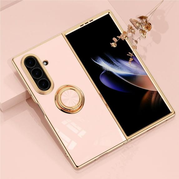 for Samsung Galaxy Z Fold 7 Phone Case with Ring Holder, Fold 7 Cover, Kickstand Magnetic Plating Frame TPU Shockproof Anti-Scratch Girls Women Men Case Cover for Samsung Z Fold 7, Pink