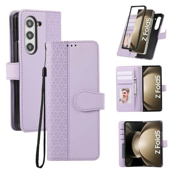 for Samsung Galaxy Z Fold 7 Phone Case Wallet Card Holder, PU Leather Kickstand Flip Cases Wrist Strap Magnetic Closure Shockproof Embossed Protective Book Cover for Samsung Galaxy Z Fold 7, Purple