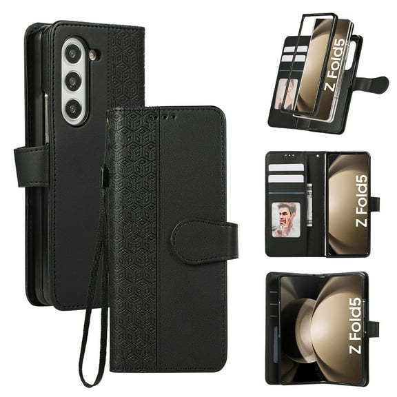 for Samsung Galaxy Z Fold 7 Phone Case Wallet Card Holder, PU Leather Kickstand Flip Cases Wrist Strap Magnetic Closure Shockproof Embossed Protective Book Cover for Samsung Galaxy Z Fold 7, Black