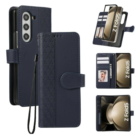 for Samsung Galaxy Z Fold 7 Phone Case Wallet Card Holder, PU Leather Kickstand Flip Cases Wrist Strap Magnetic Closure Shockproof Embossed Protective Book Cover for Samsung Galaxy Z Fold 7, Blue