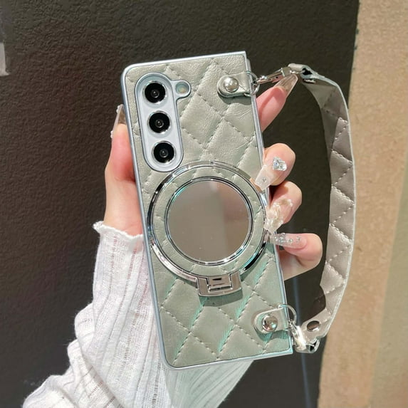 For Samsung Galaxy Z Fold 7 Phone Case,With Make-up Mirror,Wrist Strap,Contractile Ring Kickstand,Compatible with Mag-safe,PU Leather Anti-Scratch Shockproof Rugged Phone Case,Gray