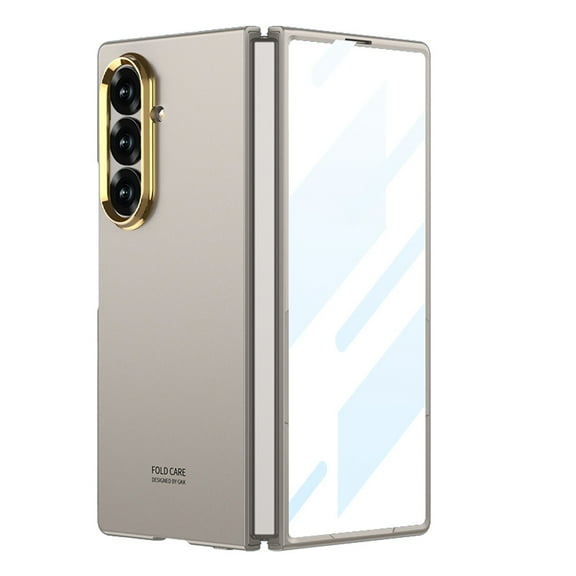 For Samsung Galaxy Z Fold 7 Plating Case with Tempered Glass Screen Protector Film, Luxury Metal Lens Frame Protective Rugged PC Shockproof Thin Fit Phone Case, Titaniumgray