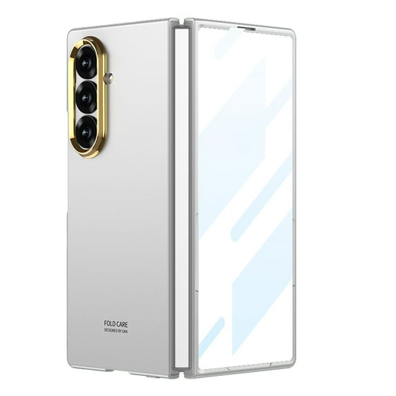 For Samsung Galaxy Z Fold 7 Plating Case with Tempered Glass Screen Protector Film, Luxury Metal Lens Frame Protective Rugged PC Shockproof Thin Fit Phone Case, Silver