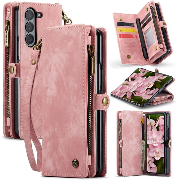 for Samsung Galaxy Z Fold 7 Premium PU Leather Folding Case, Multiple Card Slots Design, Wrist Strap Zipper Pocket Kickstand Magnetic Snap, Wireless Charging with Stylus Holder, Pink