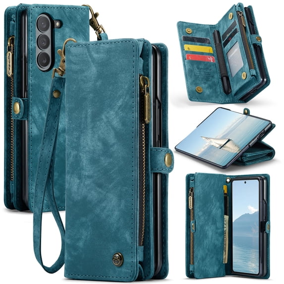 for Samsung Galaxy Z Fold 7 Premium PU Leather Folding Case, Multiple Card Slots Design, Wrist Strap Zipper Pocket Kickstand Magnetic Snap, Wireless Charging with Stylus Holder, Green