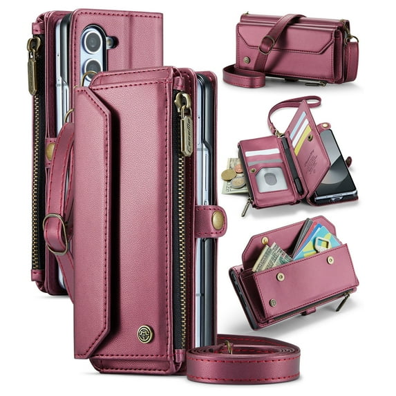 for Samsung Galaxy Z Fold 7 Rugged Case, Classic PU Leather Shoulder Strap Wrist Strap Zipper Pocket RFID Blocking Wireless Charging Kickstand Case Cover for Samsung Galaxy Z Fold 7, Winered