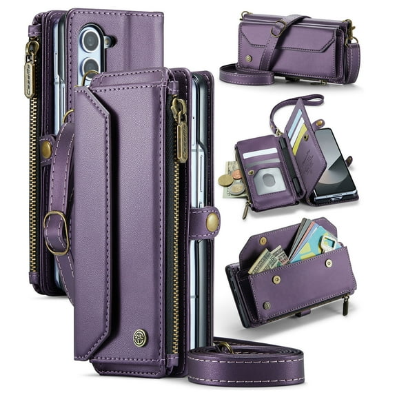 for Samsung Galaxy Z Fold 7 Rugged Case, Classic PU Leather Shoulder Strap Wrist Strap Zipper Pocket RFID Blocking Wireless Charging Kickstand Case Cover for Samsung Galaxy Z Fold 7, Purple
