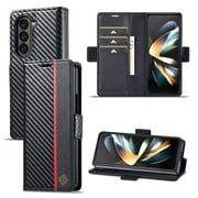 For Samsung Galaxy Z Fold 7 Wallet Case, Carbon Fiber PU Leather Classic Design with RFID Blocking Card Holder Slot and Magnetic Closure Flip Shockproof Durable Protective Phone Case, Vertical Line
