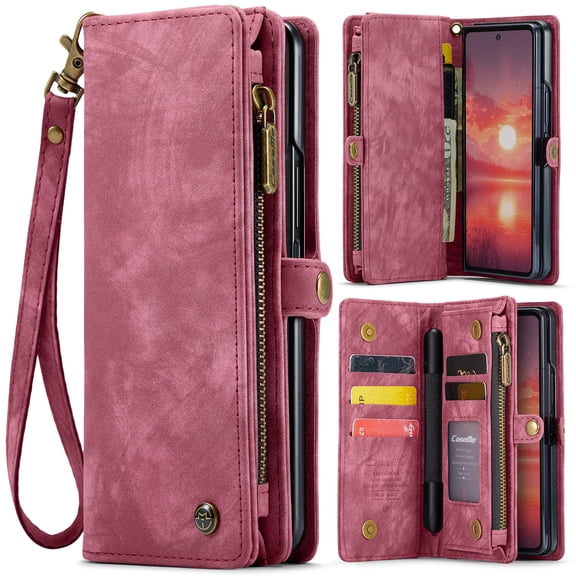 For Samsung Galaxy Z Fold 7 Wallet Case,Multi-Functional Retro Leather Purse Flip Cover Zipper Wallet Case with Removable Card Slots Pocket & Detachable Wrist Strap Magnetic Phone Case, Red