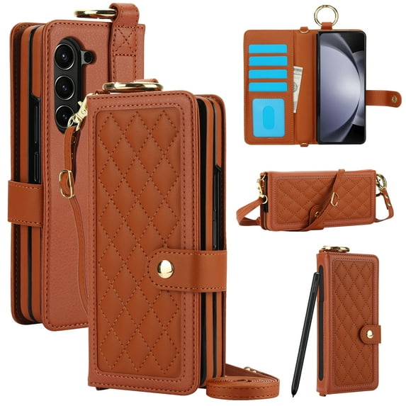 for Samsung Galaxy Z Fold 7 Wallet Case, Pen Holder + Long Strap + Wristband, PU Leather Rugged Elegant Kickstand Magnetic Clasp, Heavy Duty Protection for Girls Women Phone Cover, Brown