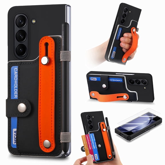 for Samsung Galaxy Z Fold 7 Wallet Case with Pen Holder & Stand, Built-in Screen Protector Wrist Strap Card Holder Back Cover Hard PC Shockproof Finger Grip Case for Men Women Girls, Black