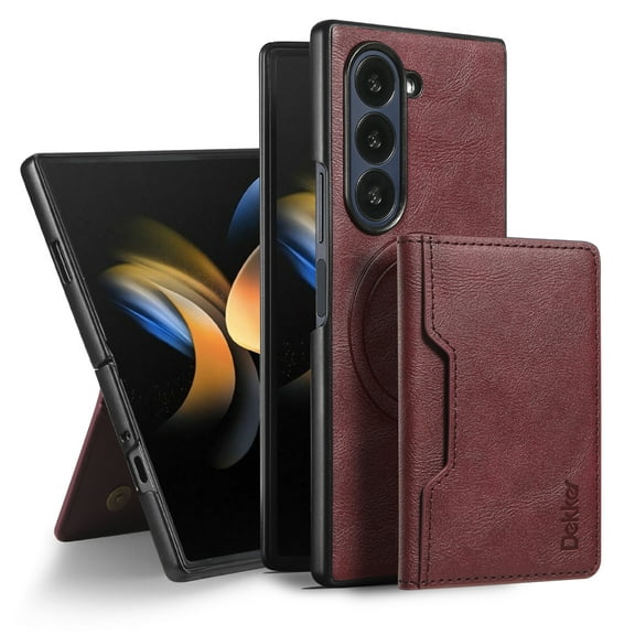 For Samsung Galaxy Z Fold 7 Wallet Phone Case,2-in-1 Magnetic Detachable Card Holder,Compatible with Mag-Safe,With Card Slots,Kickstand,PU Leather Anti-Drop Shockproof Phone Case,Winered