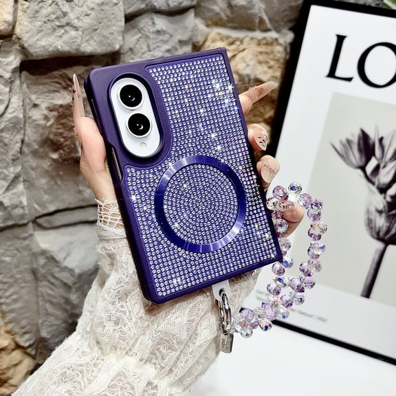 for Samsung Galaxy Z Fold 8 Bling Protective Women Case, Glitter Sparkly Hard PC Shell with Wrist Strap, Magnetic Wireless Charging Ultra Slim Shockproof Cover for Samsung Galaxy Z Fold 8, Purple