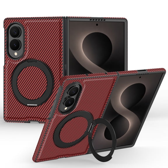 for Samsung Galaxy Z Fold 8 Carbon Fiber Texture Case, PU Leather Hard PC 360° Rotating Ring Stand Compatible with Magnetic Wireless Charging Drop Protective Slim Phone Case, Red