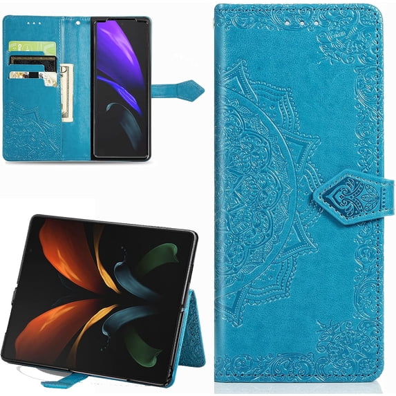Samsung Galaxy Z Fold3 5G Mandala Wallet Case,Slim 3D Flip Leather Magnetic Closure with Credit Card Holder & Hand Strap Flip Folio Closure Phone Case for Samsung Galaxy Z Fold3 5G MTL Blue
