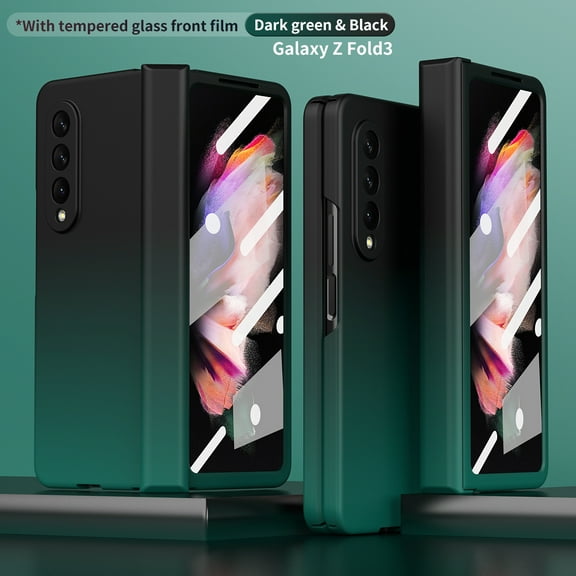 Samsung Galaxy Z Fold3 Case with Built-in Tempered Glass Screen Protector, Dteck 3 in 1 Full Body Hinge Protection Rugged Gradient Hard PC Phone Case Camera Lens Cover - Deep Green