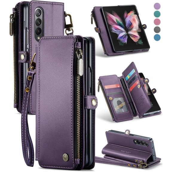 Samsung Galaxy Z Fold3 Wallet Case, Elegant Purple, PU Leather, RFID Blocking, 5-Card Holder, S Pen Slot, Zipper Pocket, Lanyard Strap, Kickstand