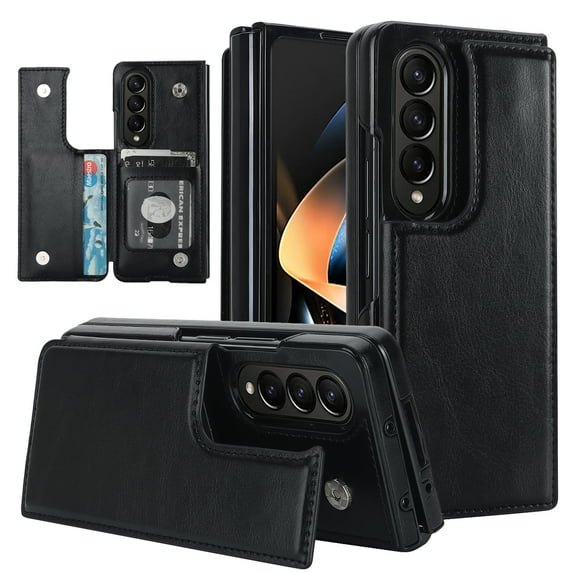 for Samsung Galaxy Z Fold4 Wallet Case with Credit Card Slots Holder, Flip Stand Magnetic Buttons Shockproof PU Leather Phone Cover Women Men for Samsung Galaxy Z Fold4 Case, Black