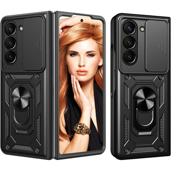 for Samsung Galaxy Z Fold5 Case with Slide Camera Cover for Men, Military Grade Drop Protective Phone Cover Case with Ring Kickstand for Samsung Galaxy Z Fold 5 SJ Black