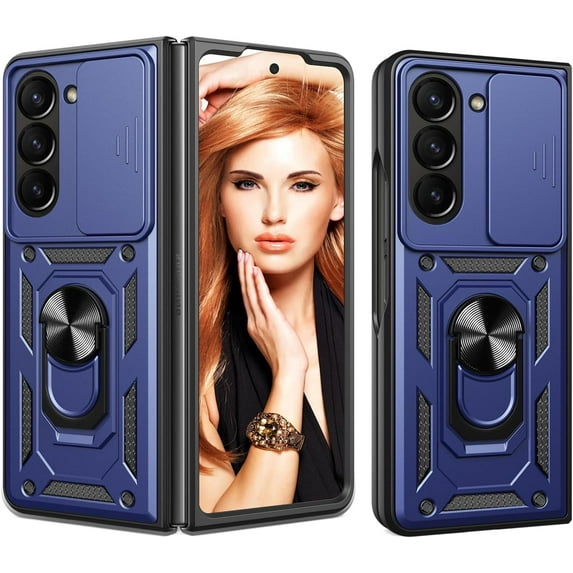 for Samsung Galaxy Z Fold5 Case with Slide Camera Cover for Men, Military Grade Drop Protective Phone Cover Case with Ring Kickstand for Samsung Galaxy Z Fold 5 SJ Blue