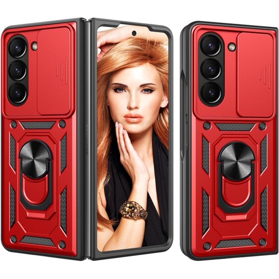 for Samsung Galaxy Z Fold5 Case with Slide Camera Cover for Men, Military Grade Drop Protective Phone Cover Case with Ring Kickstand for Samsung Galaxy Z Fold 5 SJ Red