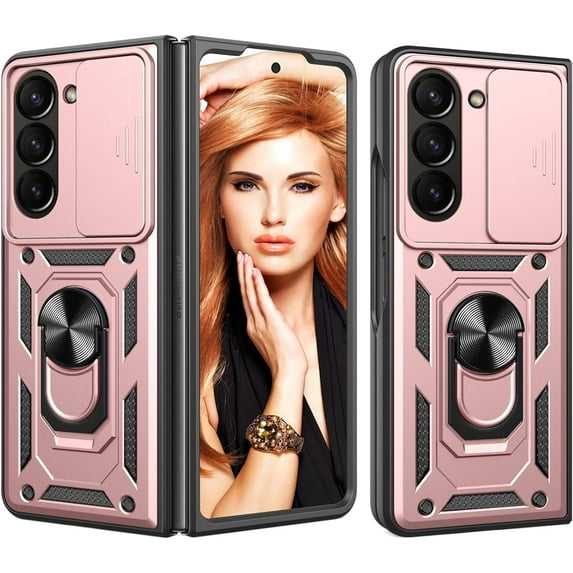 for Samsung Galaxy Z Fold5 Case with Slide Camera Cover for Men, Military Grade Drop Protective Phone Cover Case with Ring Kickstand for Samsung Galaxy Z Fold 5 SJ Rose Gold