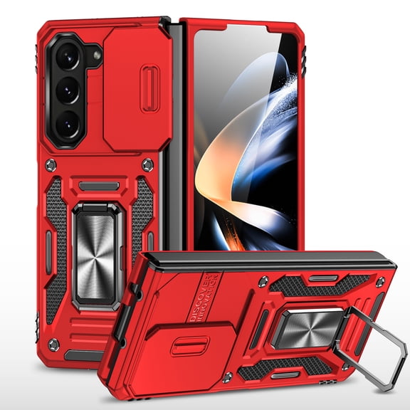 for Samsung Galaxy Z Fold5 Rugged Case with Camera Lens Sliding Cover Protection Ring Kickstand, Compatible with Magnetic Car Mount, Military Grade Hybrid PC + TPU Shockproof Case, Red