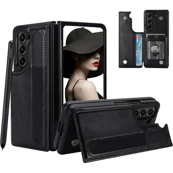 for Samsung Galaxy Z Fold5 Wallet Case with S Pen Holder, Double Magnetic Clasp with Kickstand Phone Case Cover with ID Card Slots for Samsung Galaxy Z Fold 5 SKB Black
