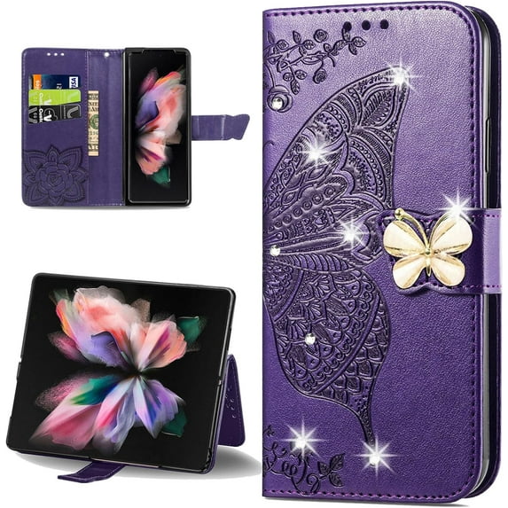 for Samsung Galaxy Z Fold5 Wallet Case for Women Girls, Shiny Butterfly Flower PU Leather Cover with Card Slot Holder Flip Phone Case for Samsung Galaxy Z Fold 5 Rhinestone Deep Purple