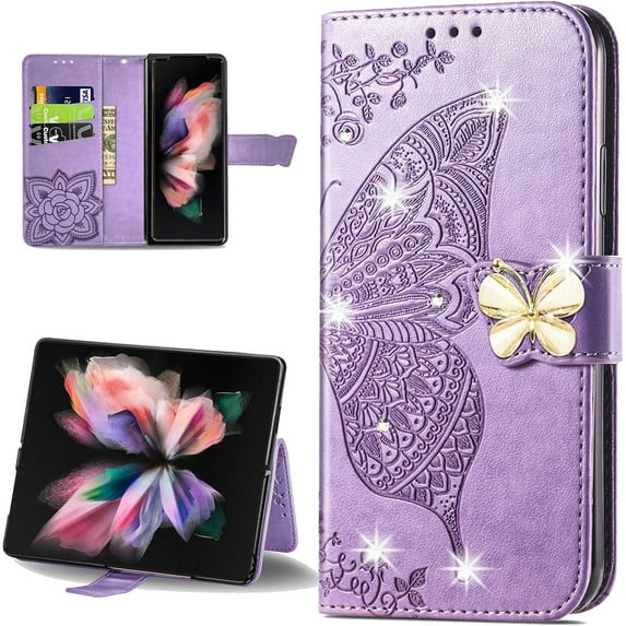 for Samsung Galaxy Z Fold5 Wallet Case for Women Girls, Shiny Butterfly Flower PU Leather Cover with Card Slot Holder Flip Phone Case for Samsung Galaxy Z Fold 5 Rhinestone Purple