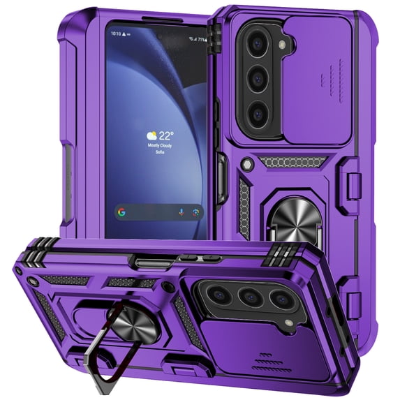 for Samsung Galaxy Z Fold6 Heavy Duty Case, Rugged Military Grade Shockproof Support Magnetic Car Mount Case with Camera Lens Sliding Cover Ring Holder Stand Hinge Protection Case, Purple