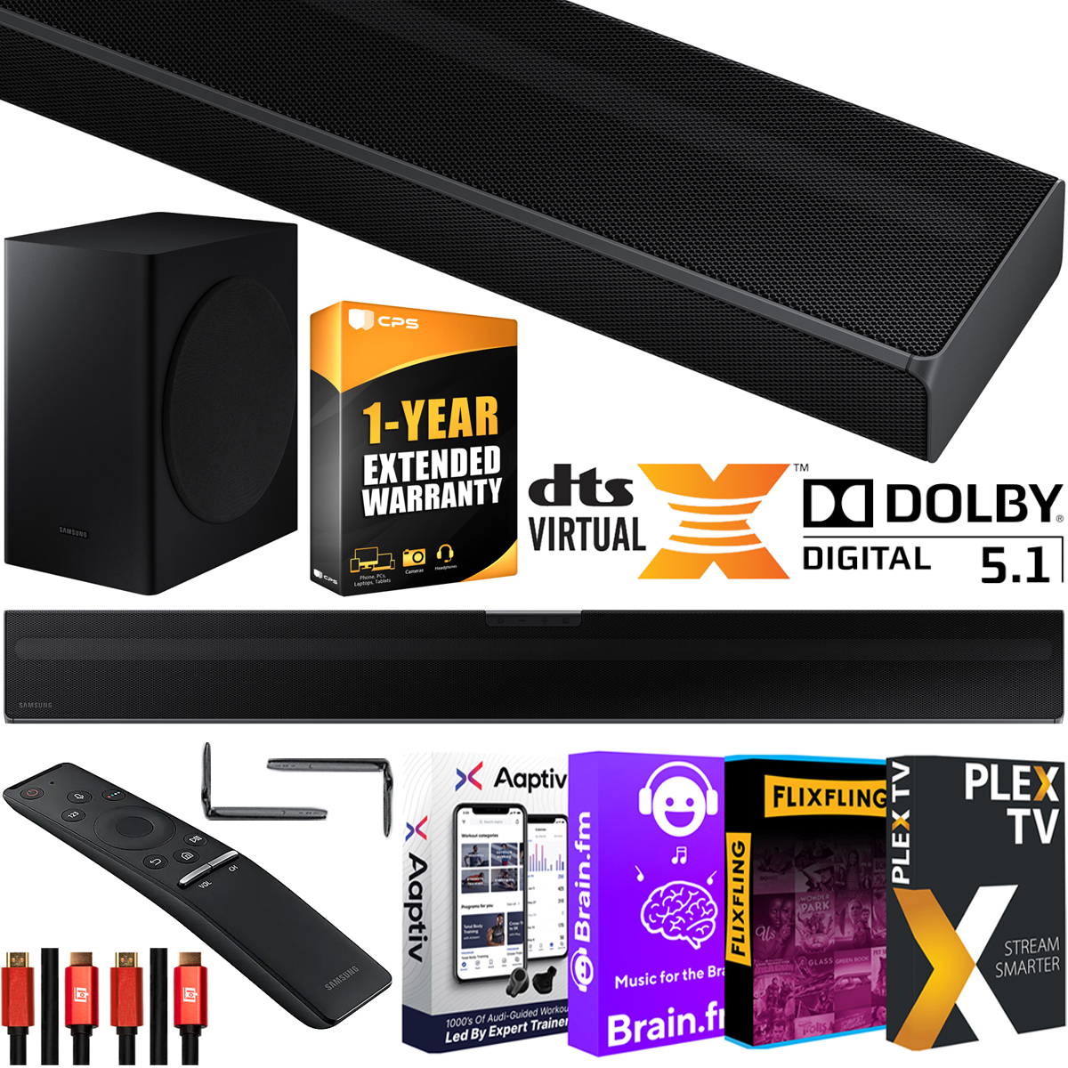 Samsung HW-Q60T 5.1ch Acoustic Beam Soundbar with Dolby Digital 5.1 / DTS Virtual:X Theater 3D Surround Sound Q Series Bundle With 2x Deco Gear HDMI Cables + Streaming Kit + Extended Coverage - image 1 of 9
