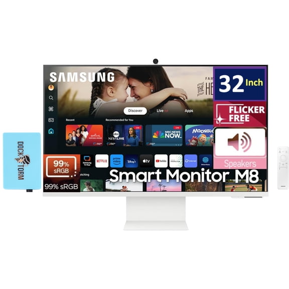 Samsung M8 M80D 32" 4K UHD Smart Monitor with 4ms Response Time, Tilt, Flicker Free, WALL Mount (100 x 100mm), HDMI & Dockztorm USB Port Expander, White (LS32DM801UNXZA)