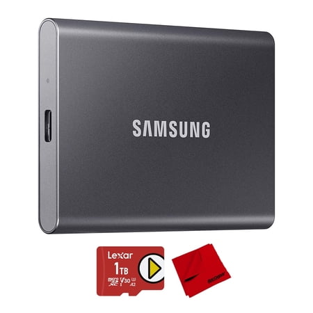 Samsung MU-PC2T0T/AM Portable SSD T7 USB 3.2 2TB Gray Bundle with Lexar PLAY 1TB microSDXC UHS-I Memory Card and Deco Photo 6 x 6 inch Microfiber Cleaning Cloth