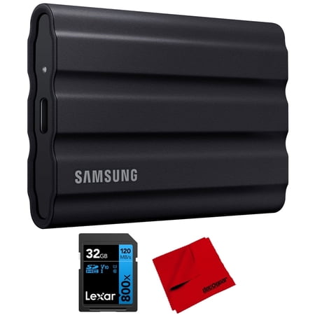 Samsung MU-PE1T0S/AM T7 Shield Portable Solid State Drive 1TB, Black (2022) Bundle with Lexar 32GB 800x UHS-I SDHC Memory Card and Microfiber Cleaning Cloth