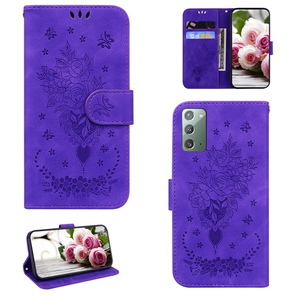 Samsung Note 20 Phone Case, Butterfly Embossed Pattern PU Leather Magnetic Folio Flip Kickstand Protective Cards Pocket with Hand Strap Wallet Cover For Samsung Galaxy Note 20, Purple