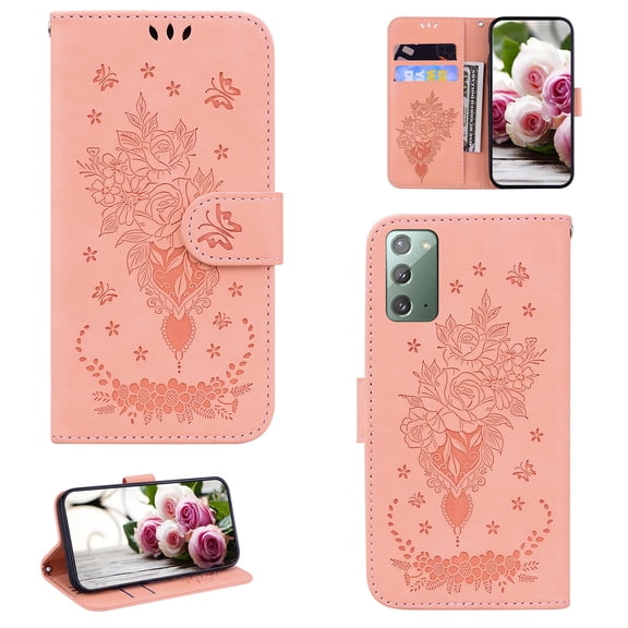 Samsung Note 20 Phone Case, Butterfly Embossed Pattern PU Leather Magnetic Folio Flip Kickstand Protective Cards Pocket with Hand Strap Wallet Cover For Samsung Galaxy Note 20, Pink