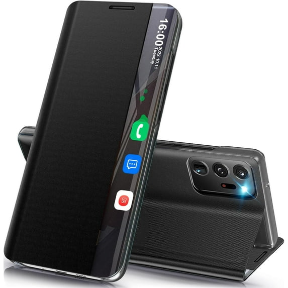 for Samsung Note 20 Ultra 5G Case View Clear Smart Window Kickstand Note 20 Ultra 5g Case Slim Mirror Hard PC Leather Luxury Flip Case for Samsung Galaxy Note 20 Ultra Cover (Black)