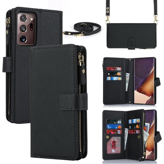 for Samsung Note 20 Ultra Crossbody Phone Cases with Strap Lanyard,Galaxy Note 20 Ultra Wallet Case for Women Men with Card Holder,PU Leather Kickstand Zipper Pocket Purse,6.9" Black