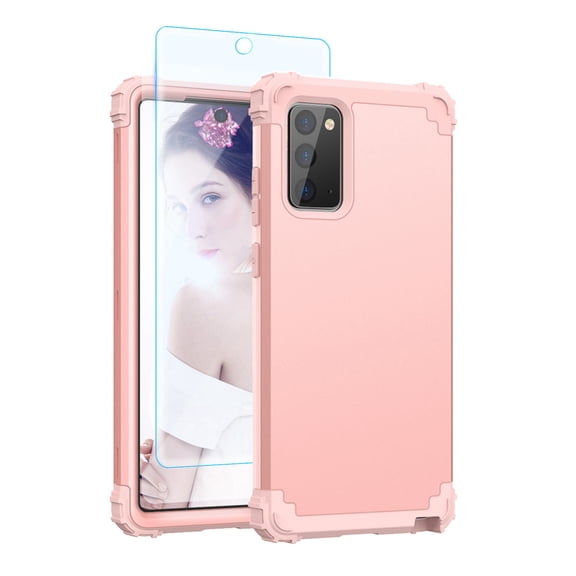 Samsung Note20 Case with Tempered Glass Screen Protector , Dteck Heavy Dual Layer Full Protection Rugged Shockproof Case Hard PC Protective Back Cover For Samsung Galaxy Note 20 5G, Rosegold