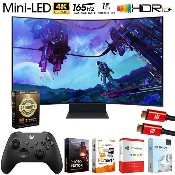 Samsung Odyssey Ark 2 55" 4K Mini-LED Curved Gaming Monitor Bundle with Microsoft Wireless Controller, Elite Suite 18, 2x HDMI Cable and Deco Gear CPS 26 Month Protection Pack (BEACH-CPS- 26M3500)