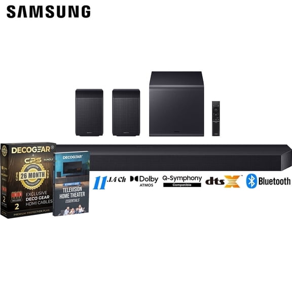 Samsung Q Series Soundbar HW-Q990F 11.1.4 ch Subwoofer + Rear Speaker (2025) Q-Symphony Bundle with CPS Exclusive 26 Month Protection Pack & Deco Gear Complete Home Theater Beginner's Guidebook