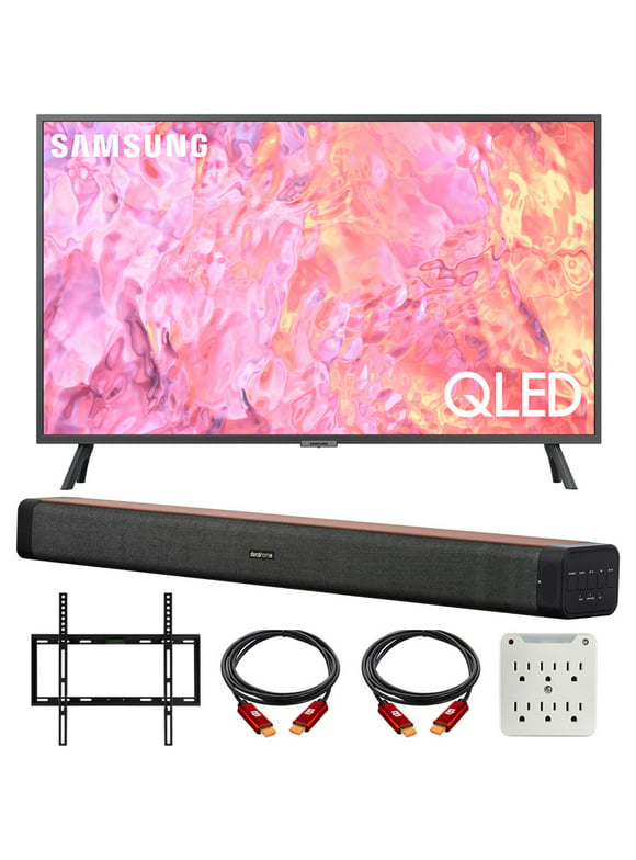 Samsung QN32Q60CA 32 Inch QLED 4K Smart TV Bundle with Deco Gear 60W 2.0 Channel Soundbar, 19-45 inchTV Wall Mount Bracket Bundle and 6-Outlet Surge Adapter (2023 Model)