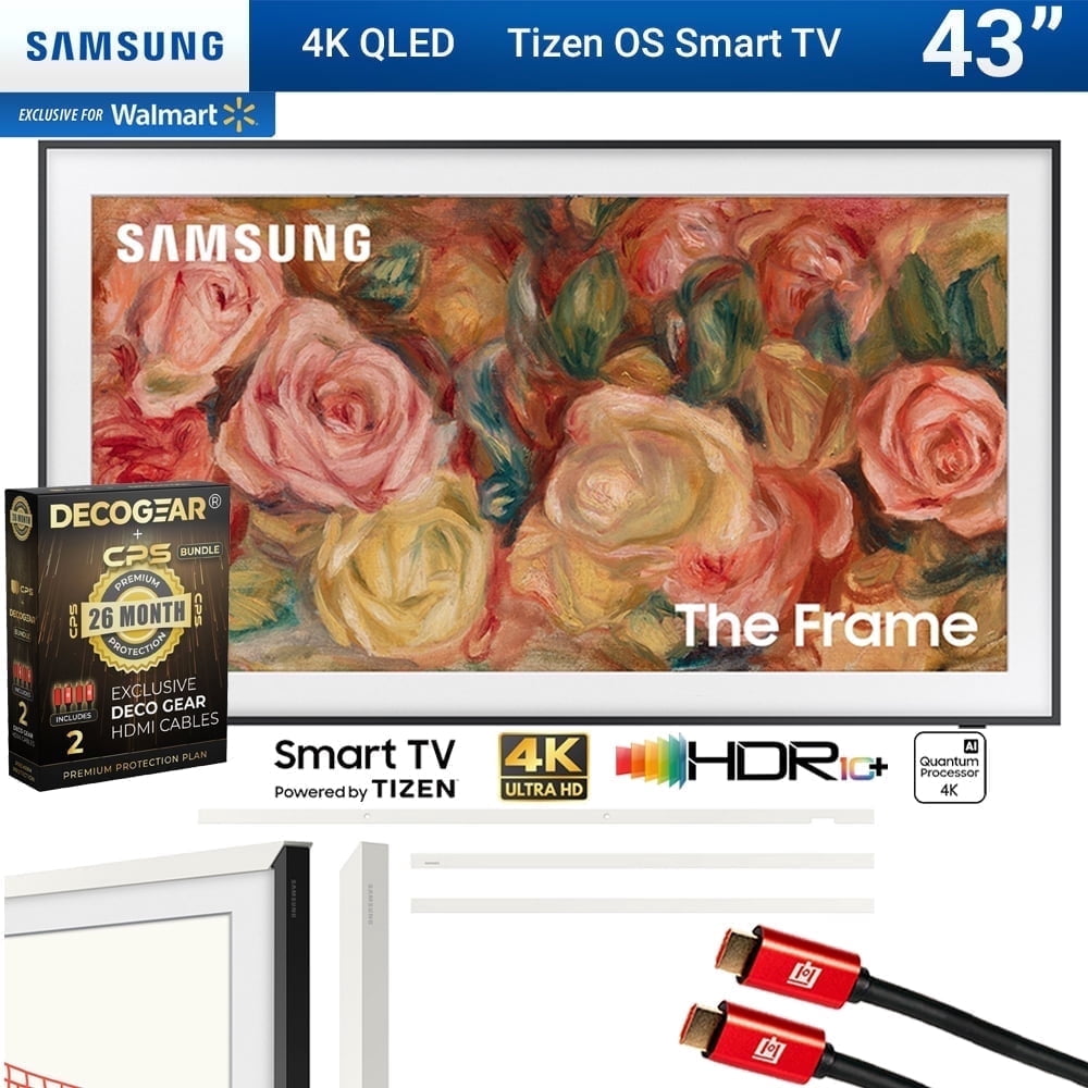 Samsung QN43LS03DAFXZA 43 inch The Frame QLED 4K Smart TV 2024 Bundle with Customizable Bezel Modern White + Deco Gear 4K HDMI 2.0 Cable x2 & CPS Exclusive 26 Month Protection