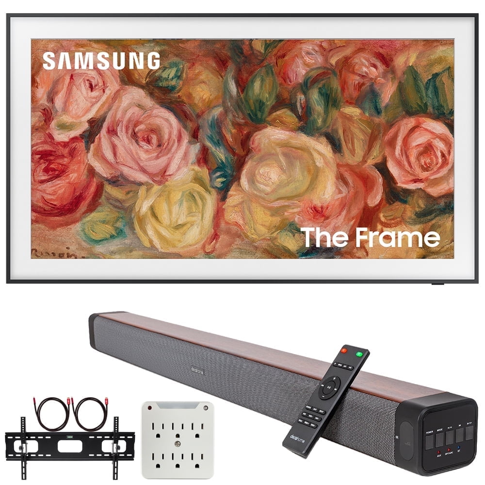 Samsung QN50LS03DA 50 inch The Frame QLED 4K Smart TV (2024) Bundle with Premium Deco Gear 60W 2.0 CH Soundbar + Deco Mount 37"-100" TV Wall Mount Bracket with Cleaning Kit + 6-Outlet Surge Adapter