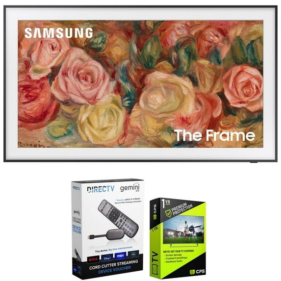 Samsung QN50LS03DA 50 inch The Frame QLED 4K Smart TV (2024 Model) Bundle with Redeemable DIRECTV Gemini Air Streaming Device and 1 YR CPS Enhanced Protection Pack
